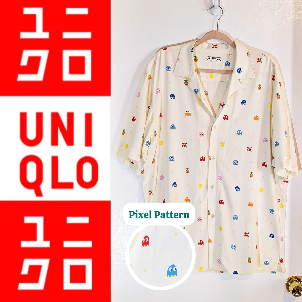 Uniqlo Men's White Pac-Man Gamer Short Sleeve Button Up Shirt Size Large